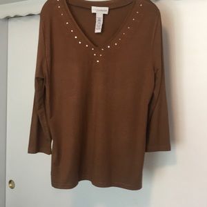 Sag Harbor stretch, v-neck, embellished neckline, 3/4 sleeve pull over